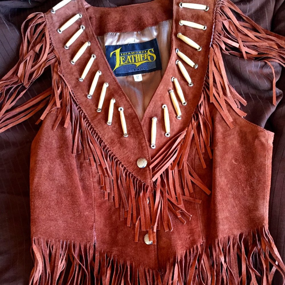 Diamond Leathers Ladies Suede Bone-Beaded Fringe Vest - Size 2